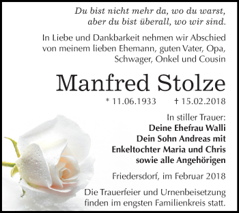 Traueranzeige von Manfred Stolze von Mitteldeutsche Zeitung Bitterfeld