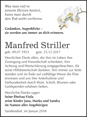 Traueranzeige von Manfred Striller von WVG - Wochenspiegel Bitterfeld