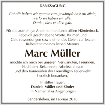 Traueranzeige von Marc Müller von Wochenspiegel Mansfelder Land