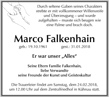 Traueranzeige von Marco Falkenhain von Mitteldeutsche Zeitung Dessau-Roßlau