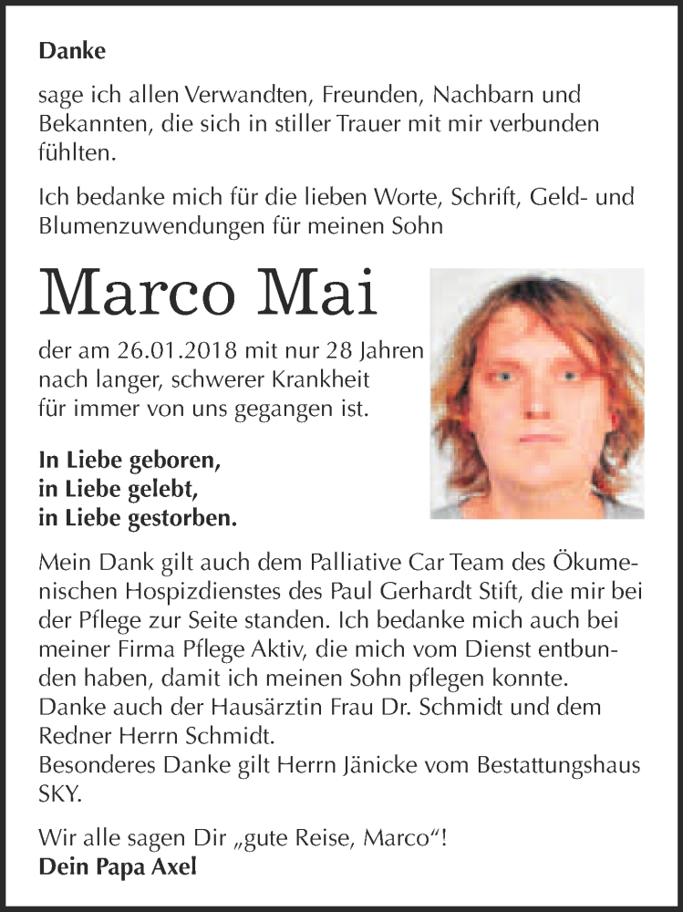  Traueranzeige für Marco Mai vom 24.02.2018 aus Super Sonntag Wittenberg