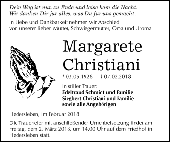 Traueranzeige von Margarete Christiani von Mitteldeutsche Zeitung Quedlinburg