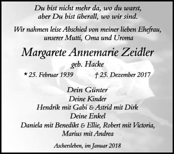 Traueranzeige von Margarete Annemarie Zeidler von WVG - Wochenspiegel Quedlinburg