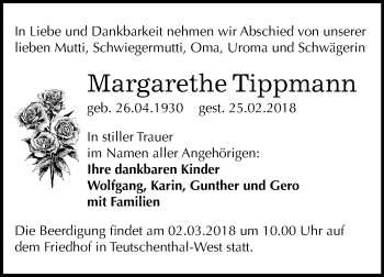 Traueranzeige von Margarethe Tippmann von Mitteldeutsche Zeitung Halle/Saalkreis