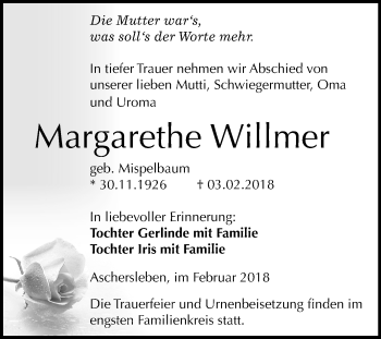 Traueranzeige von Margarethe Willmer von Mitteldeutsche Zeitung Aschersleben