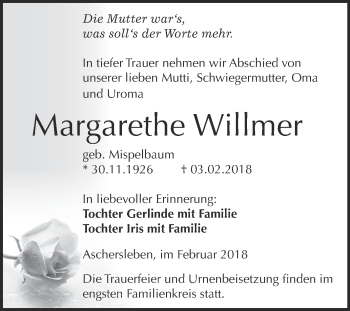 Traueranzeige von Margarethe Willmer von Super Sonntag Aschersleben