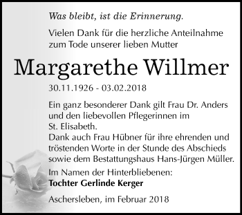 Traueranzeige von Margarethe Willmer von Mitteldeutsche Zeitung Aschersleben