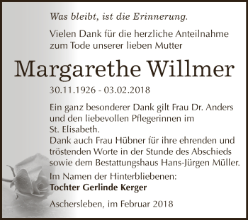 Traueranzeige von Margarethe Willmer von Super Sonntag Aschersleben