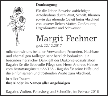 Traueranzeige von Margit Fechner von WVG - Wochenspiegel Bitterfeld
