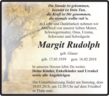 Traueranzeige von Margit Rudolph von Super Sonntag Quedlinburg