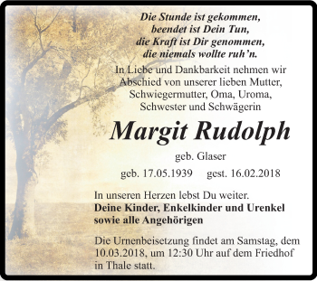 Traueranzeige von Margit Rudolph von Mitteldeutsche Zeitung Quedlinburg