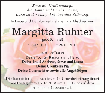 Traueranzeige von Margitta Ruhner von WVG - Wochenspiegel Bitterfeld