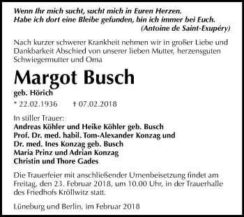 Traueranzeige von Margot Busch von Mitteldeutsche Zeitung Halle/Saalkreis
