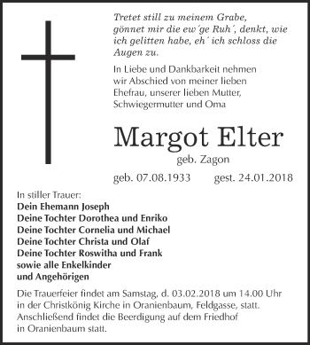 Traueranzeige von Margot Elter von Super Sonntag Wittenberg