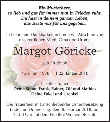 Traueranzeige von Margot Göricke von Mitteldeutsche Zeitung Weißenfels
