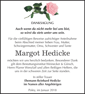 Traueranzeige von Margot Hedicke von Super Sonntag Bernburg