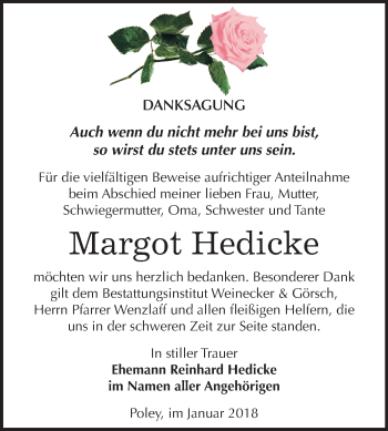 Traueranzeige von Margot Hedicke von Mitteldeutsche Zeitung Bernburg