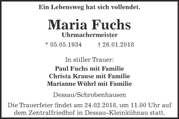 Traueranzeige von Maria Fuchs von WVG - Wochenspiegel Dessau / Köthen