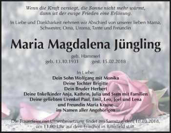 Traueranzeige von Maria Magdalena Jüngling von Mitteldeutsche Zeitung Bitterfeld