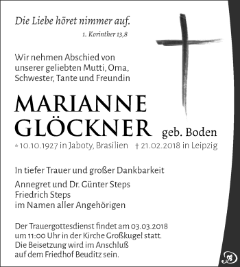 Traueranzeige von Marianne Glöckner von Mitteldeutsche Zeitung Halle/Saalkreis