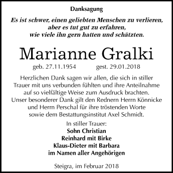 Traueranzeige von Marianne Gralki von Mitteldeutsche Zeitung