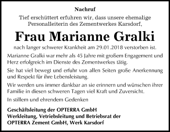 Traueranzeige von Marianne Gralki von Mitteldeutsche Zeitung