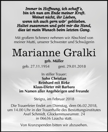 Traueranzeige von Marianne Gralki von Mitteldeutsche Zeitung