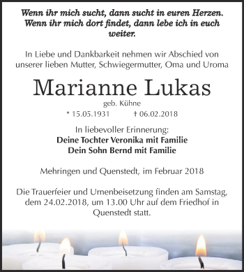 Traueranzeige von Marianne Lukas von Super Sonntag Aschersleben