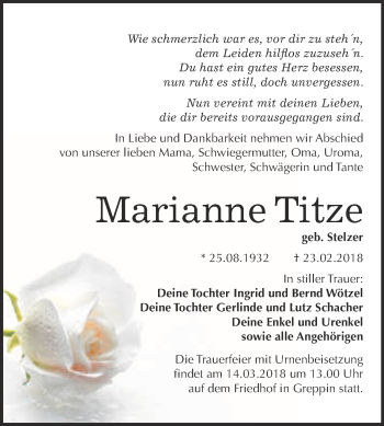 Traueranzeige von Marianne Titze von WVG - Wochenspiegel Bitterfeld