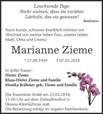 Traueranzeige von Marianne Zieme von WVG - Wochenspiegel Dessau / Köthen