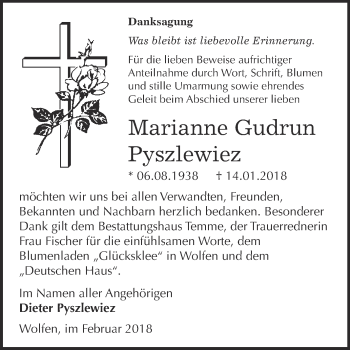 Traueranzeige von Marianne Gudrun Pyszlewiez von WVG - Wochenspiegel Bitterfeld