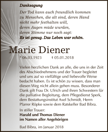 Traueranzeige von Marie Diener von WVG - Wochenspiegel NMB / WSF / ZTZ