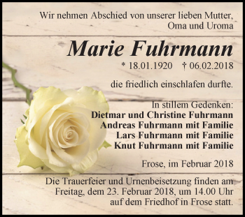 Traueranzeige von Marie Fuhrmann von Super Sonntag Aschersleben