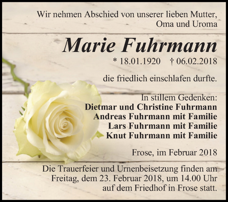  Traueranzeige für Marie Fuhrmann vom 17.02.2018 aus Mitteldeutsche Zeitung Aschersleben
