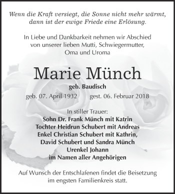 Traueranzeige von Marie Münch von Super Sonntag Wittenberg