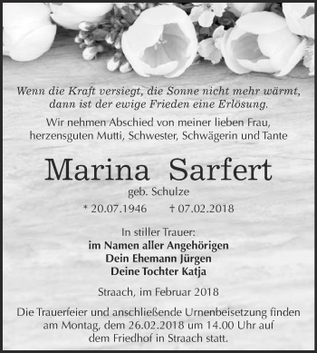 Traueranzeige von Marina Sarfert von WVG - Wochenspiegel Wittenberg