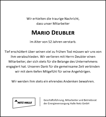 Traueranzeige von Mario Deubler von Mitteldeutsche Zeitung Halle/Saalkreis