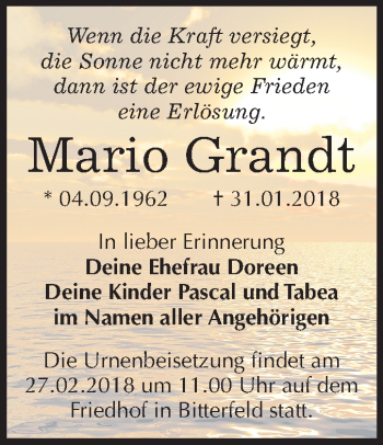 Traueranzeige von Mario Grandt von Mitteldeutsche Zeitung Bitterfeld