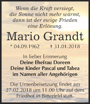 Traueranzeige von Mario Grandt von WVG - Wochenspiegel Bitterfeld