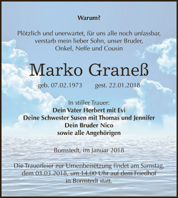 Traueranzeige von Marko Graneß von Super Sonntag SGH Mansf. Land