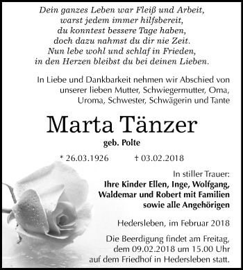 Traueranzeige von Marta Tänzer von Mitteldeutsche Zeitung