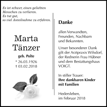 Traueranzeige von Marta Tänzer von Mitteldeutsche Zeitung