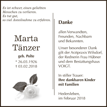 Traueranzeige von Marta Tänzer von Wochenspiegel Mansfelder Land