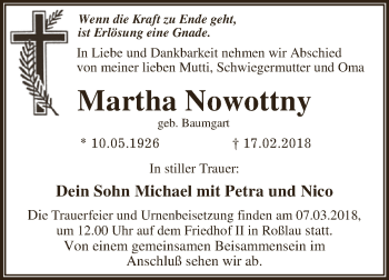 Traueranzeige von Martha Nowottny von WVG - Wochenspiegel Dessau / Köthen