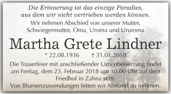 Traueranzeige von Martha Grete Lindner von Super Sonntag Wittenberg
