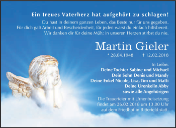 Traueranzeige von Martin Gieler von WVG - Wochenspiegel Bitterfeld