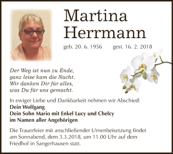 Traueranzeige von Martina Herrmann von Super Sonntag SGH Mansf. Land