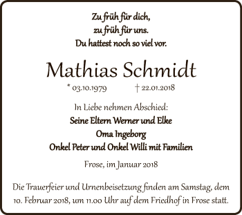 Traueranzeige von Mathias Schmidt von Super Sonntag Aschersleben