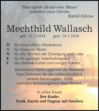 Traueranzeige von Mechthild Wallasch von Super Sonntag SGH Mansf. Land