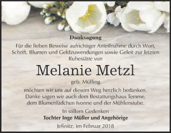 Traueranzeige von Melanie Metzl von WVG - Wochenspiegel Bitterfeld